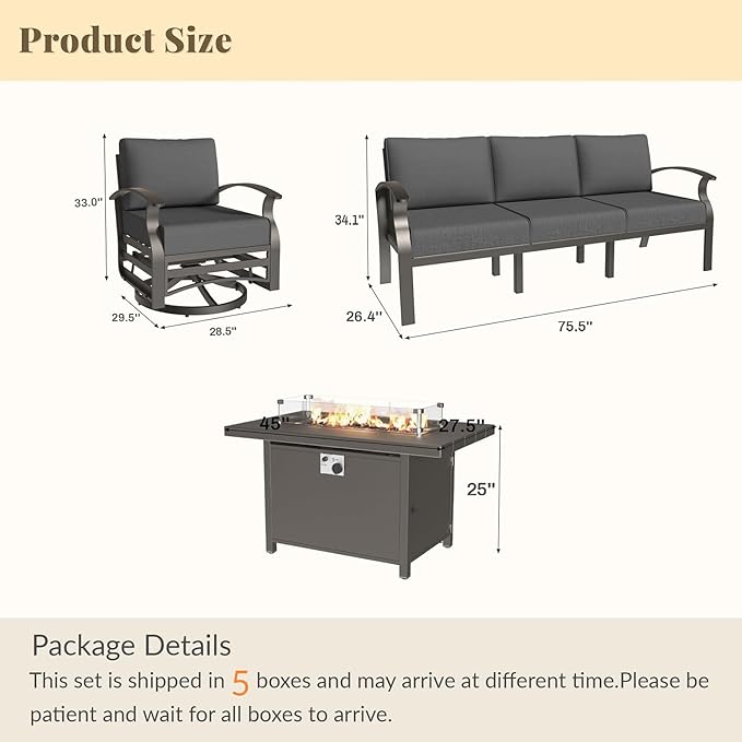 Aluminum Patio Furniture Set with 55,000 BTU Propane Fire Pit Table,8 Seats Metal Modern Outdoor Furniture w/5.1" Cushions,Patio Sectional w/Swivel Chairs for Patio,Backyard,Grey