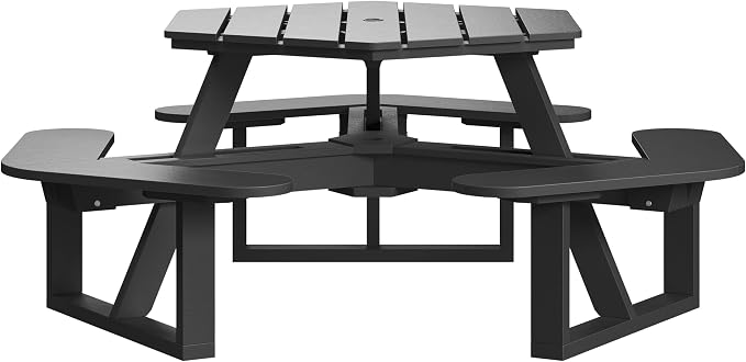 Shoreline Made in USA Hexagon Picnic Table, Seating for 6, Black Sand