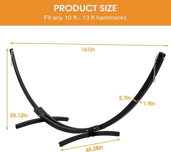 Lazy Daze Hammocks 13.5 Ft Heavy Duty Steel Arc Hammock Stand with Carabiner and Chain, 2 Person Weather-Resistant Curved Stand for Outside, Backyard, Patio, 500 Lbs Capacity, Black