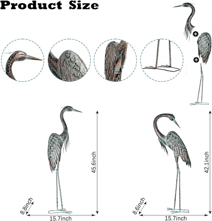 Kircust Garden Crane Statues Metal Heron Outdoor Statue, 46 Inch | Standing Patina Decoy, Weather-Resistant and Rustless, Bird Yard Art for Patio Lawn Pond
