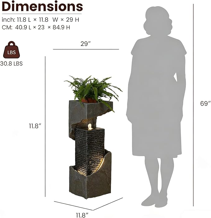 Modern Rectangular Water Fountain Outdoor with LED Lights & Planter Top, 35.4" Tall Resin Cascading Waterfall Feature for Patio Backyard Garden Décor, Outdoor Water Feature