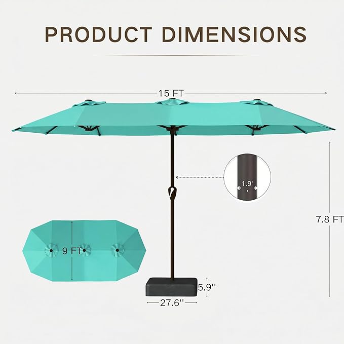 Kingdura 15ft Large Patio Umbrella with Base Included, Double-Sided Rectangle Outdoor Table Umbrella with 12 Reinforced Ribs, Crank Lift for Market Pool Deck Backyard, Tiffany blue