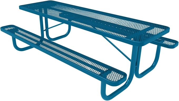 COATEDOUTDOORFURNITURE Heavy-Duty Portable Outdoor Picnic Table, Thermoplastic Coated Expanded Metal Commercial-Grade Furniture Made in America (8ft Rectangular, Light Blue with Light Blue Frames)