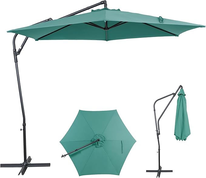 10FT Offset Patio Umbrella, Cantilever Hanging Umbrella with Infinite Tilt, Fade-Resistant Water-Repellent Canopy & Cross Base for Yard, Garden & Deck
