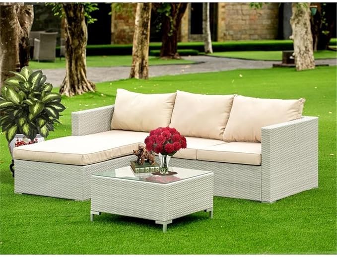 East West Furniture ACL3S03A 3 Piece Patio Furniture Set - Outdoor Sectional Sofa Set Contains a Rectangle Glass Top Bistro Wicker Tea Table and Linen Fabric Cushion , 63x87 Inch, Natural Linen