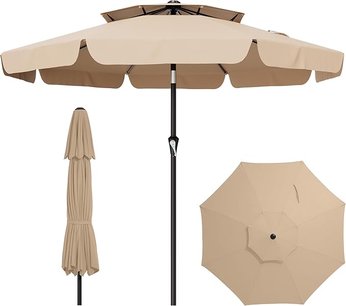 AreShark 9ft 2-Tier Patio Umbrella with Valance - Outdoor Umbrella Waterproof UV Protection, Market Table Umbrella w/Push Button Tilt&Crank for Pool, Porch, Garden(Beige)