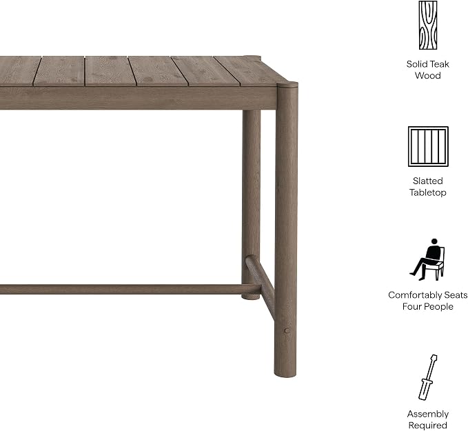Modway Eleni 56-Inch Outdoor Teak Wood Bar Table in Weathered Gray Teak – Rectangular Patio Bar Table with Slatted Top for Patios, Decks, Or Gardens