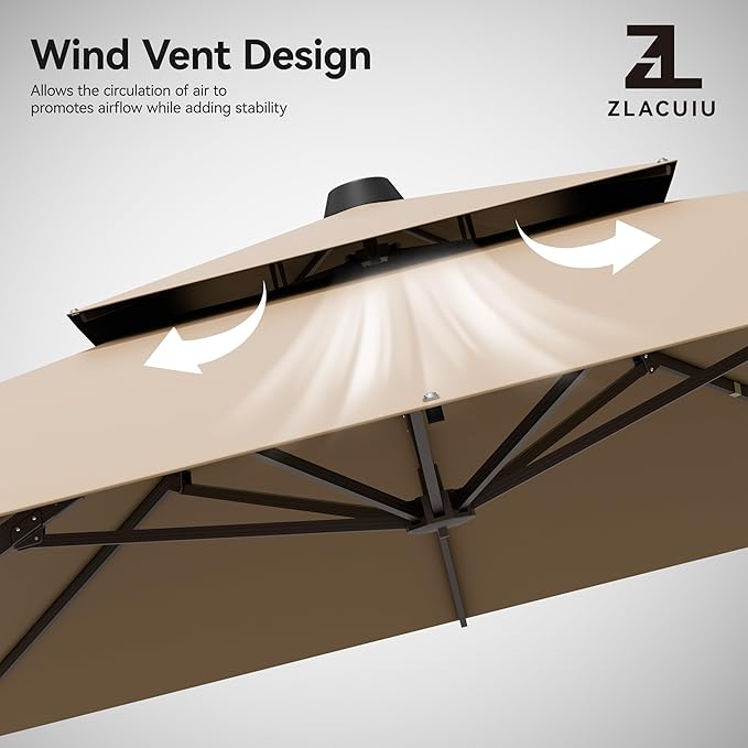 9x12FT Brown Cantilever Outdoor Patio Umbrella with Base, Large Rectangular Offset Design, Double Top Heavy Duty Aluminum Frame & 360° Rotation for Pool Garden Deck Backyard, Beige