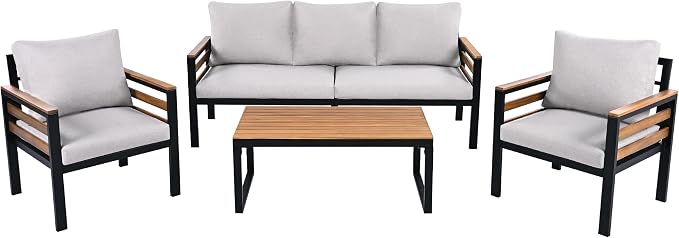 KLMM 4-Piece Outdoor Sofa Set for 5 People with Acacia Wood Armrests, Patio Conversation Set with Removable Cushion and Solid Wood Coffee Table,for Garden Backyard (Beige#g)