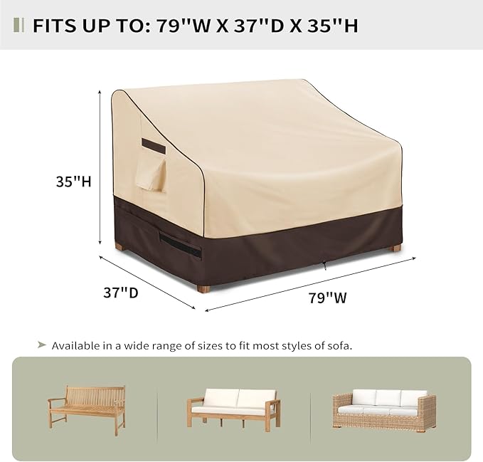 KylinLucky Heavy Duty Patio Sofa Cover 79W x 37D x 35H inches, Waterproof 3-Seater Outdoor Couch Cover for Loveseat & Bench with Air Vents, All-Weather Black Furniture Protector