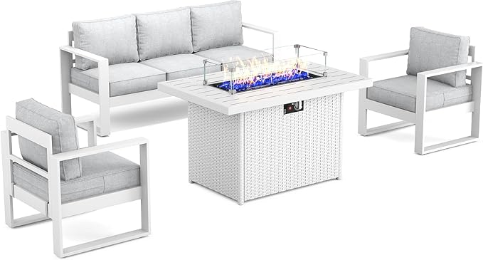 Outdoor Aluminum Furniture Set with Fire Pit Table - 4 Pieces Modern Patio Conversation Sets Metal Sectional Sofa Set