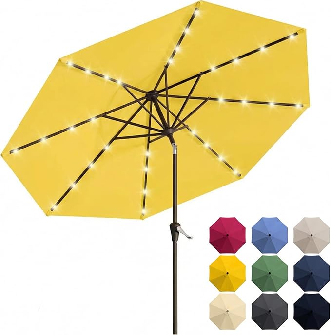 10FT Solar Patio Umbrella with Lights, Outdoor Table Market Umbrella with 32 LED Lights, 8 Sturdy Ribs, Push Button Tilt and Crank for Pool, Deck and Garden, UV-Resistant