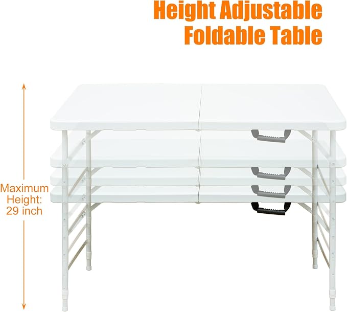 Anwick 4 Foot Folding Table Portable Fold-in-Half Plastic Picnic Table w/Handle and Steel Legs for Indoor, Outdoor, Camping, Party, Garden (White, 4ft)