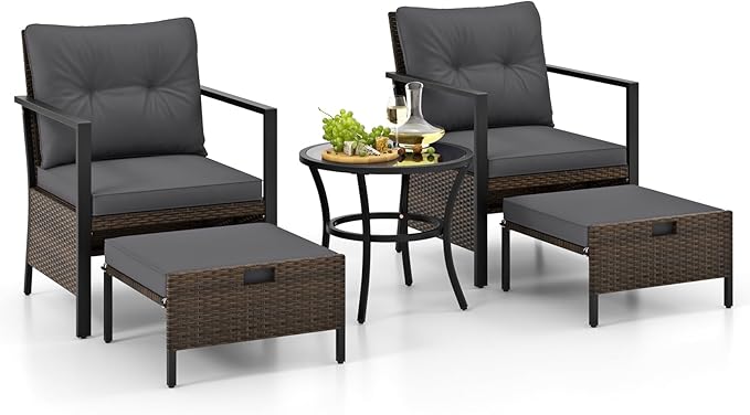 Tangkula 5 Piece Outdoor Furniture Set, Rattan Chairs & Ottomans w/Round Glass Topped Coffee Table, Space Saving Cushioned Patio Conversation Set for Backyard, Poolside (Gray)