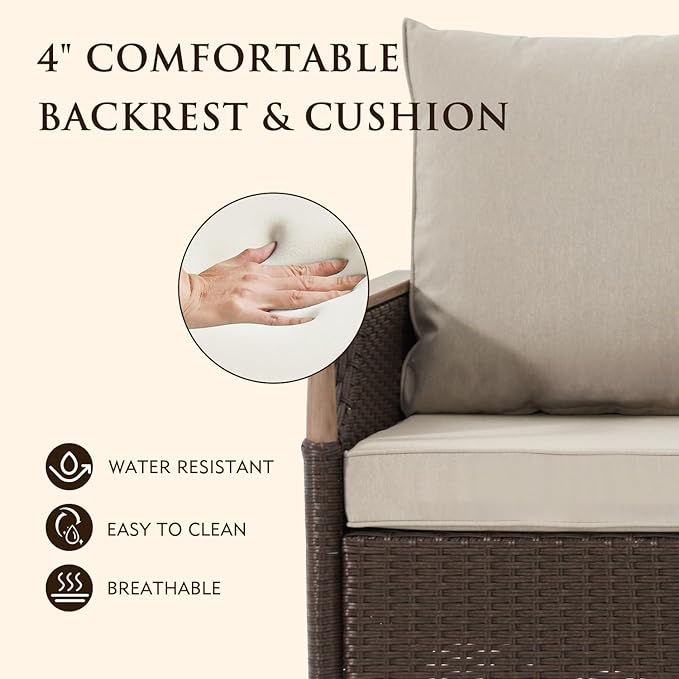 MELLCOM Patio Swivel Glider Rocker Chairs Set Wicker 5 Piece Patio Furniture Set Rocking Bistro Set with Tempered Glass Side Table and 2 Ottoman, for Backyard Garden Patio Porch (Beige, 5pcs)