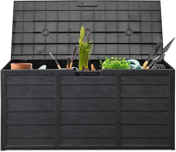 75 Gallon Patio Storage Deck Box, Plastic Backyard Outdoor Chest Box with Wheels, Lockable, Weatherproof, and UV Resistant Storage for Cushions, Patio Decor, Furniture, Garden Tools Black