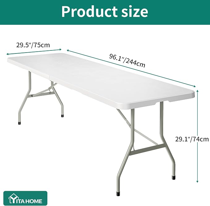 YITAHOME 8FT Folding Tables, Heavy Duty White Folding Table with Carrying Handle, Plastic Fold up Table for Outdoor Camping Picnic Parties/Indoor Events, White