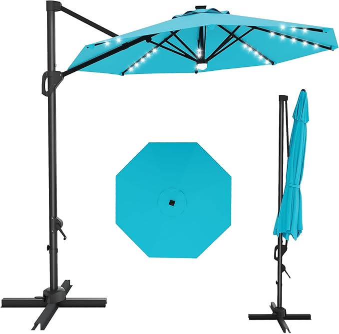 GarveeLife 10 ft Cantilever Umbrella Outdoor Patio Umbrella Solar LED w/Base Included Market Offset Umbrella Sun Shade Windproof with 360-Degree Rotation for Patio Garden Deck Pool, Turquoise Blue