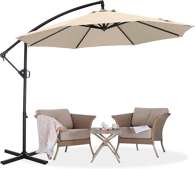 ABCCANOPY 10FT Cantilever Patio Umbrella with base included, 360° Rotation Outdoor Offset Umbrella for Backyard, Deck, Poolside (Creamy White)