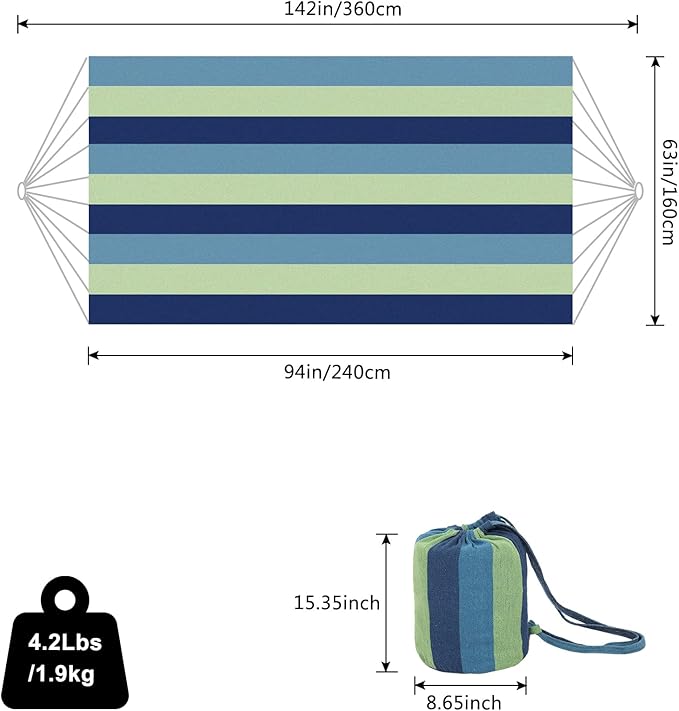 ONCLOUD Extra Long and Wide Double Hammock for Travel Camping Backyard, Porch, Outdoor or Indoor Use, Carrying Pouch Included (Blue/Green Stripes)