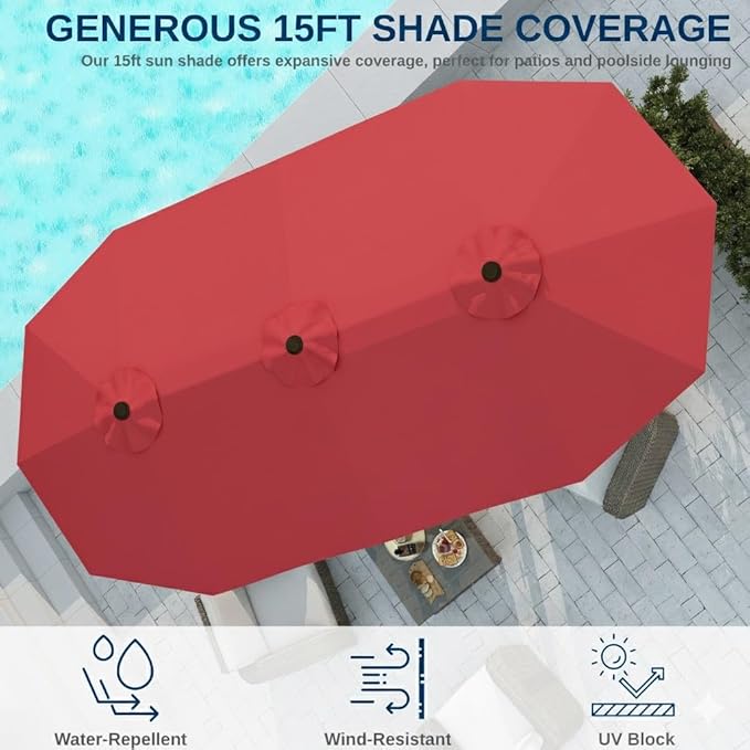 15FT Large Patio Umbrella with Base, Double Sided Rectangular Outdoor Umbrella with Sturdy Fiberglass Ribs, UPF 50+ Sun Protection, Wind-Resistant, Waterproof Fade-Resistant Fabric for Pool, Garden, Backyard, Deck(Red)