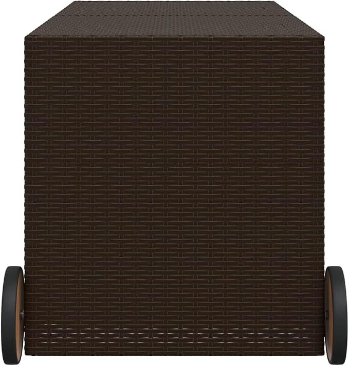 74.8 Gal Outdoor Storage Box with Wheels, Patio Rattan Deck Box, Wicker Garden Storage Bin Deck Box, Poly Rattan Patio Storage Chest with Hinged Lid, 50"x21.7"x22"/23.4" Brown