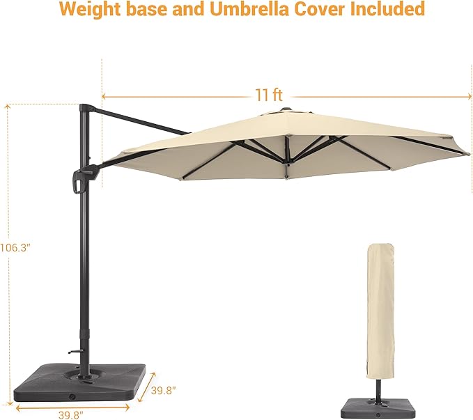 FLAME&SHADE 11 ft Cantilever Offset Patio Umbrella, Large Heavy Duty Outdoor Patio Umbrella Aluminum 360° Rotation Round Outdoor Umbrella for Deck,Pool,Backyard