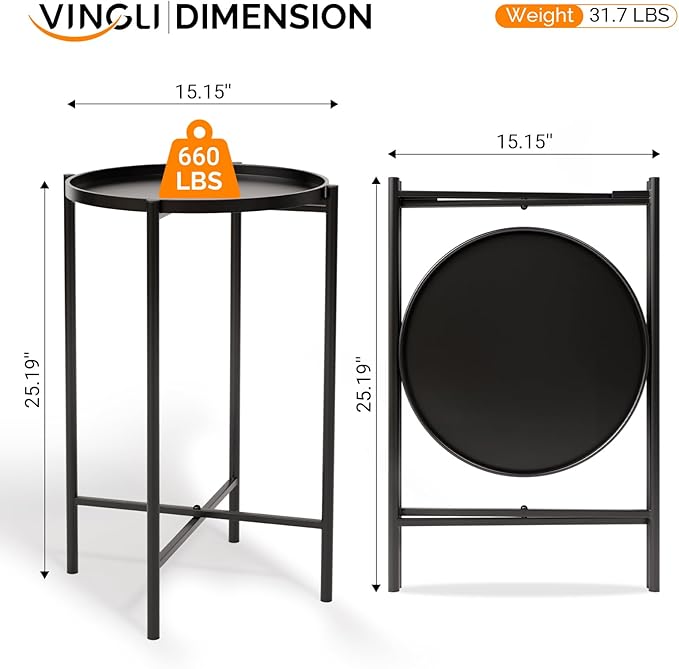 VINGLI Round Metal Side Table with Removable Tray, Outdoor Patio Coffee Table, Waterproof End Table for Small Spaces, Outdoor Patio, Living Room, Bedroom, Balcony (X-Brace & Non-Slip Pads) (2, Black)