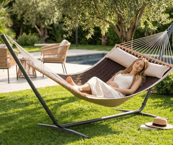 Lazy Daze Hammocks 2 Person Double Quilted Hammock with Spreader Bar, Detachable Pillow & Side Pocket, 450lbs Capacity for Patio Yard Garden Outdoor, Brown