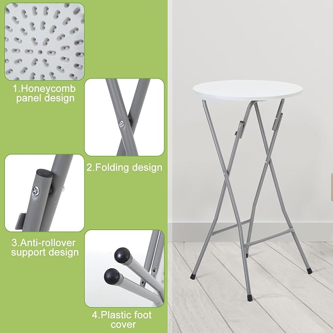 Hoteam 3 Pack Round Folding Table Round Cocktail Tables 23.6 x 44 Inch White High Top Table Portable Pub Bistro Highboy Furniture Table for Party, Backyard, Wedding, Indoor Outdoor Banquet, Events