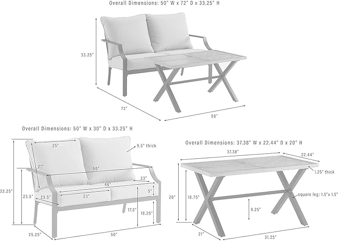 Urban Oasis Outdoor Metal 2-Piece Seating Set (Loveseat, Coffee Table), Matte Black with Gray Cushions - 50 x 72 x 33.25 in, Modern Patio Conversation Sets, Sturdy Steel Construction
