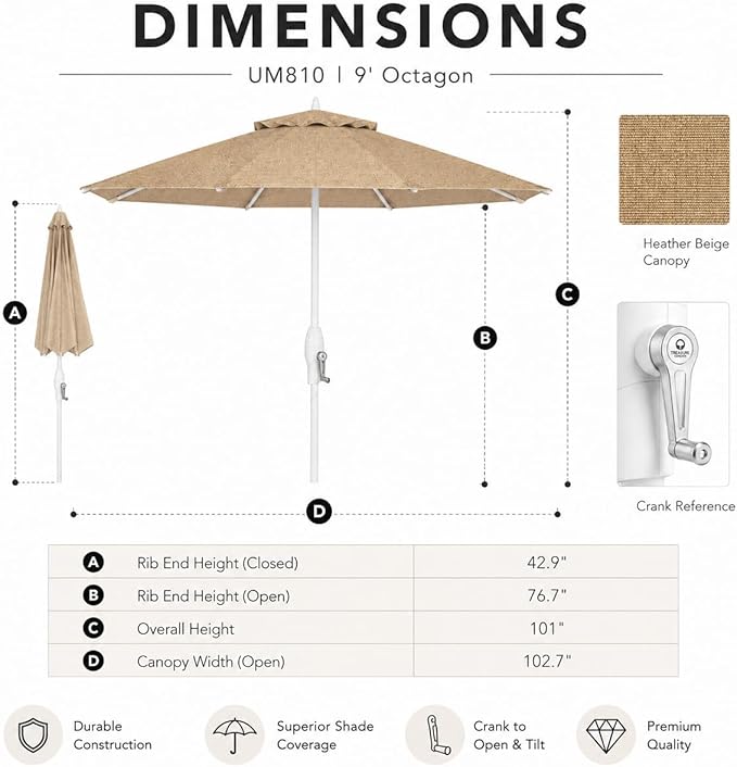 Treasure Garden 9ft Patio Umbrella - Outdoor Furniture Market Umbrella – Deluxe Auto-Tilt – White Aluminum Frame (Sunbrella, Heather Beige)