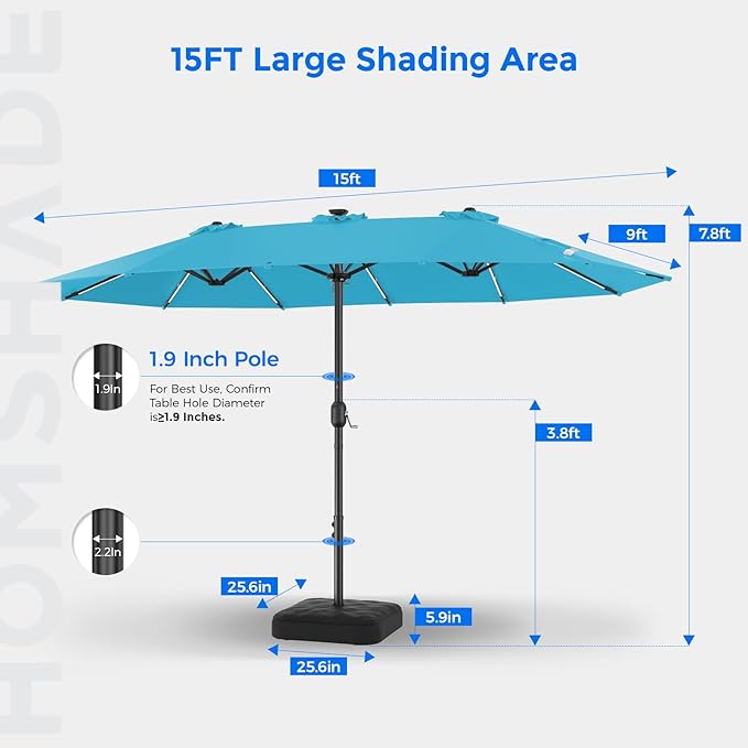 HOMSHADE 15FT Double Sided Umbrella with Light Bar and Base, Rectangle Oversized Patio Umbrellas, Extra Large Outdoor Table Umbrella for Pool, Patio, Garden (Light Blue)
