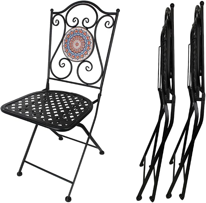 3 Piece Bistro Sets Mosaic Tile Round Table Folding Chairs Garden | Set of 3 Patio Furniture 23.6" Table and 2 Chairs Outdoor Bistro Chairs Artistic Table for Balcony Porch Apartment Backyard