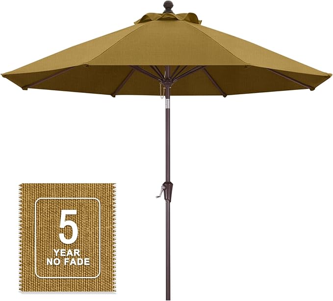 MASTERCANOPY Olefin 5-Year-Non-Fading 9ft Patio Umbrella with Tilt and Crank, Large UV Resistant Outdoor Table Umbrella with 8 Fiberglass Ribs for Deck, Yard & Market, Chestnut