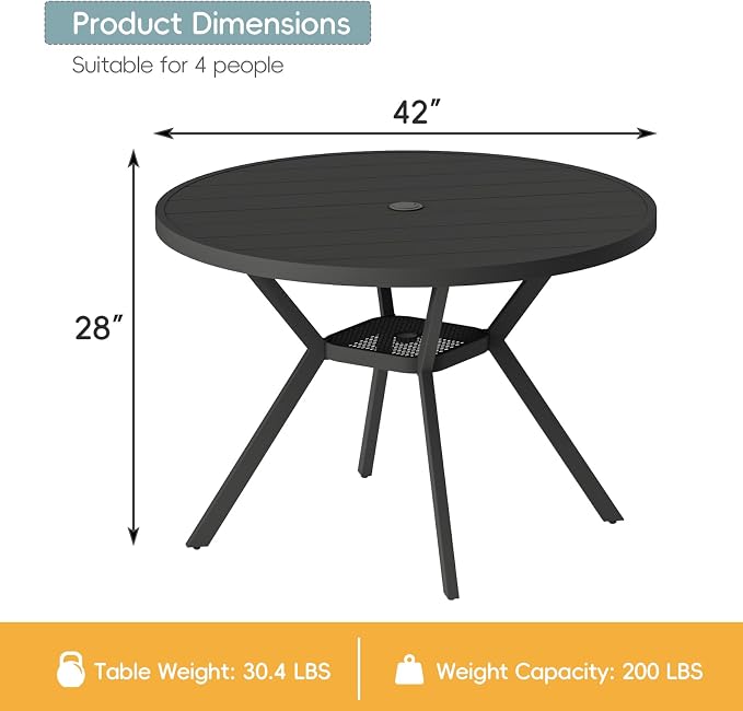 5 Piece Patio Dining Set for 4 Swivel Chairs and 42” Round Metal Table with Umbrella Hole, All Weather Patio Dining Furniture Set for Deck Lawn Backyard, Black Table and Navy Blue Chairs Set