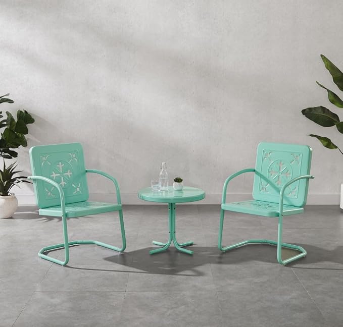 Crosley Furniture Azalea 3-Piece Vintage Outdoor Chair and Side Table Set, Retro Metal Patio Conversation Sets, Aqua Gloss