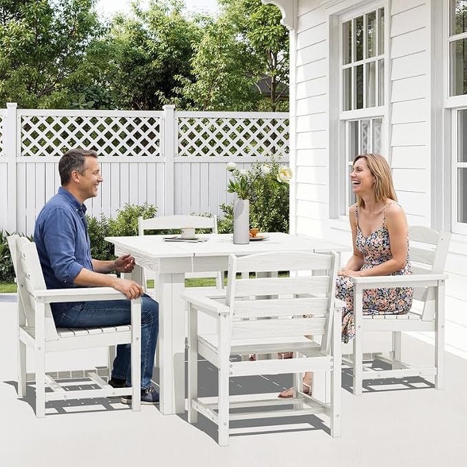 KINGYES 5-Piece HDPE Outdoor Dining Set for 4, Square Patio Table & Armchairs with Umbrella Hole, All-Weather Patio Dining Set for Backyard, Garden, Lawn & Poolside, White