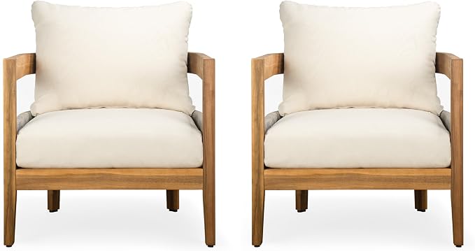 Merax 27.5" Outdoor Curved Accent Chair with All-Weather Cushions Set of 2, Acacia Wood Frame Single Club Chair for Porch, Lawn, Backyard, Balcony, Teak+ Beige