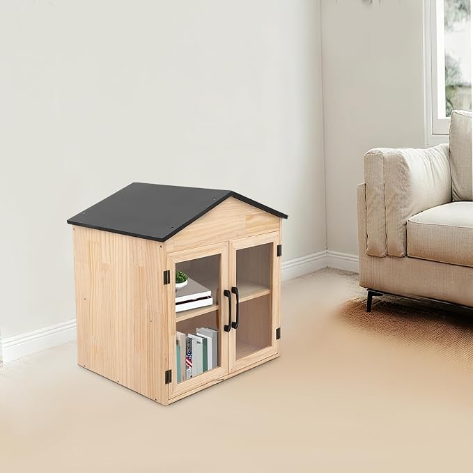 Library Box Outdoor Wood Color + Black Wooden Book Cabinet | Waterproof with 4 Compartments and 2 Doors for Home, School, Community Sharing Books, Newspapers, Flyers, Food and Drug