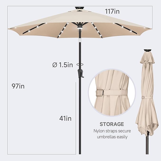 FLAME&SHADE 10 FT Solar Light Patio Umbrella, 40 LED lights outdoor umbrella with Centre Surround Light, Table Market Umbrella for Deck, Pool, Porch, Backyard, Garden, UV Protection, Beige