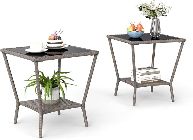 Kinfant Rattan Patio Side Table - Set of 2 Modern Wicker End Table, PE Rattan Coffee Table with Glass Top, Weather-Resistant Patio Furniture for Patio, Balcony, Garden, and Poolside (2, Sesame Brown)