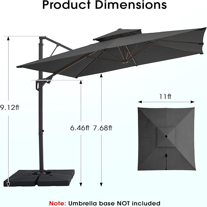 JEAREY 11ft 2-Tier Cantilever Patio Umbrella, Large Square Outdoor Offset Umbrella with Double Top Vent and 360-degree Rotation for Garden, Deck, Pool, Patio, Gray