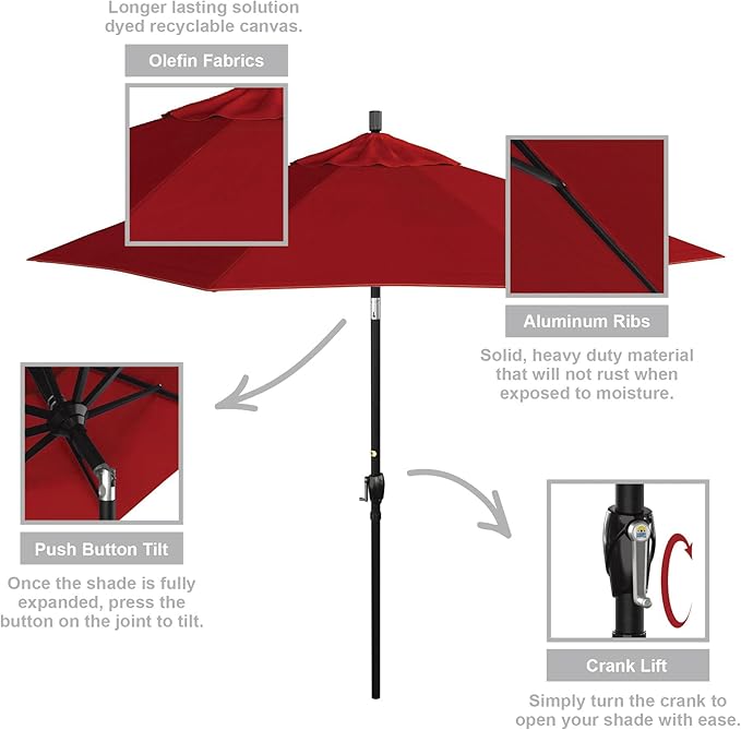 California Umbrella 9' Round Aluminum Market Umbrella, Crank Lift, Push Button Tilt, Black Pole, Red Olefin