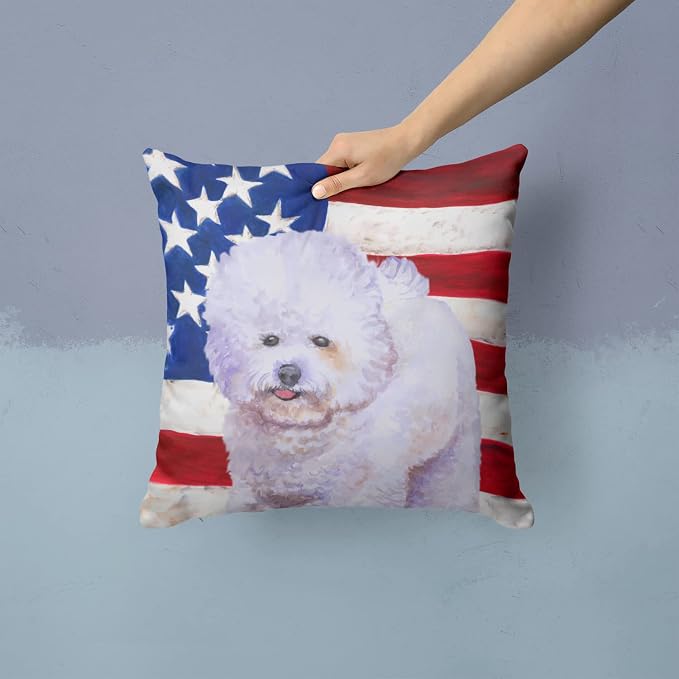 Caroline's Treasures BB9648PW1414 Bichon Frise Patriotic Fabric Decorative Pillow Machine Washable, Indoor Outdoor Decorative Pillow for Couch, Bed or Patio, 14Hx14W