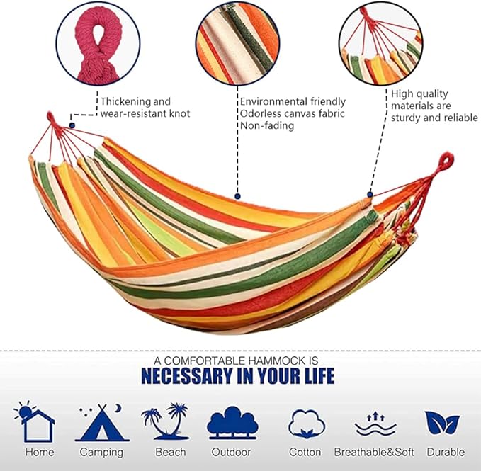 Cotton Canvas Hammock, Comfortable Fabric Camping Hammock with Tree Straps, Up to 440lbs with Travel Bag for Camping Outdoor/Indoor Patio Backyard(Orange&Yellow, Without bar)