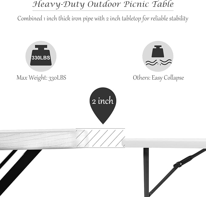 Picnic Table, Outdoor Table Bench Set with Metal Frame & Wood-Like Texture, Large Picnic Table with All Weather-Resistant Tabletop, Camping Picnic Tables for Patio, Lawn, Dining Party