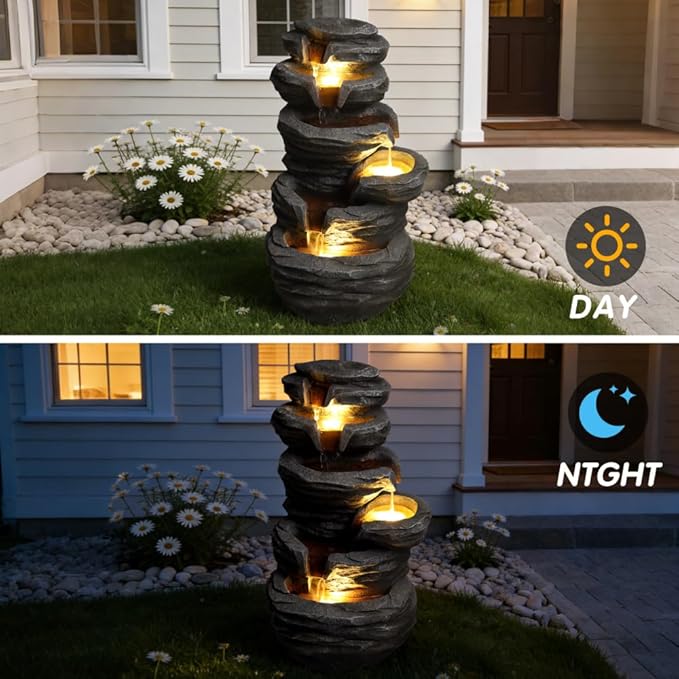 Outdoor Waterfall Fountain with LED Lights for Garden, Patio & Lawn Decor, Weather-Resistant (25.6'' H)