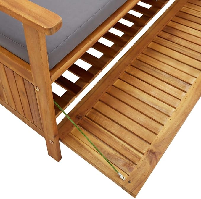 Patio Storage Bench with Gray Cushion, Outdoor Wooden Deck Box, Solid Wood Patio Furniture for Outdoor Cushions, Pool Storage and Garden Tools, 47.2"x24.8"x33.1", -329
