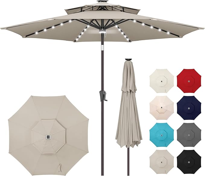 9ft Solar Umbrella Outdoor - 2-Tier Lighted Solar Patio Umbrella with 40 LED Lights Waterprool UV Protection, Table Umbrella with Tilt for Pool, Porch, Garden, Backyard (Taupe)